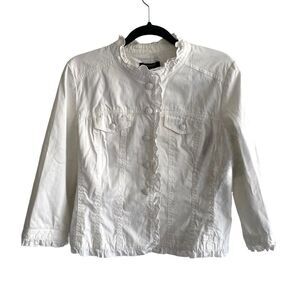 SANDRO White Cotton Stretch Button Front Jacket Ruffle Hem White L